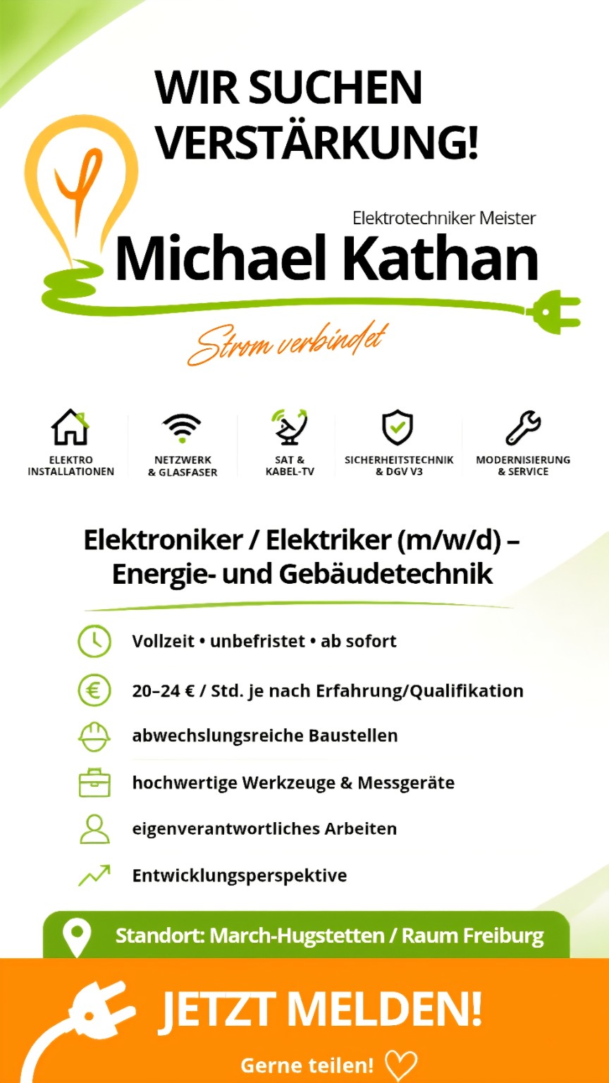 Wir suchen Elektroniker oder Elektriker für Energie- und Gebäudetechnik in March-Hugstetten