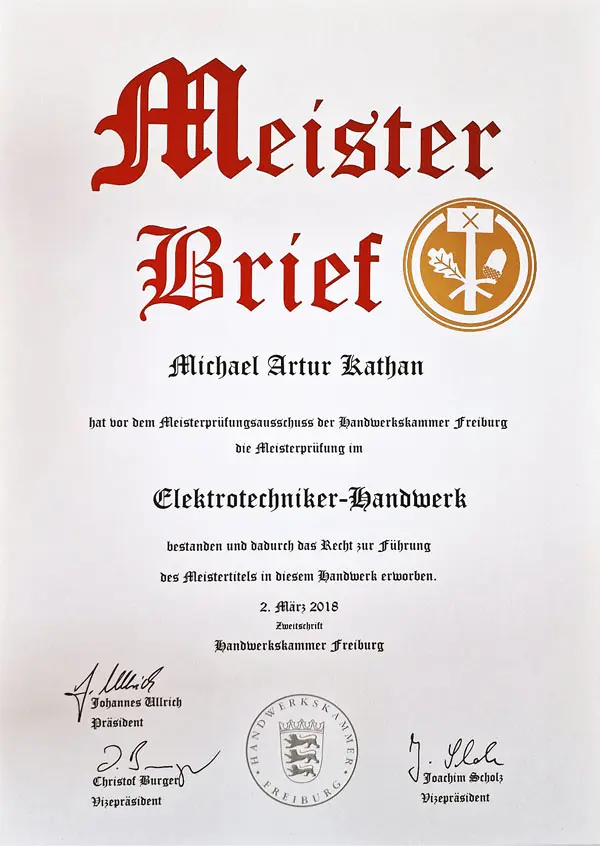 Meisterbrief von Michael Artur Kathan im Elektrotechniker-Handwerk
